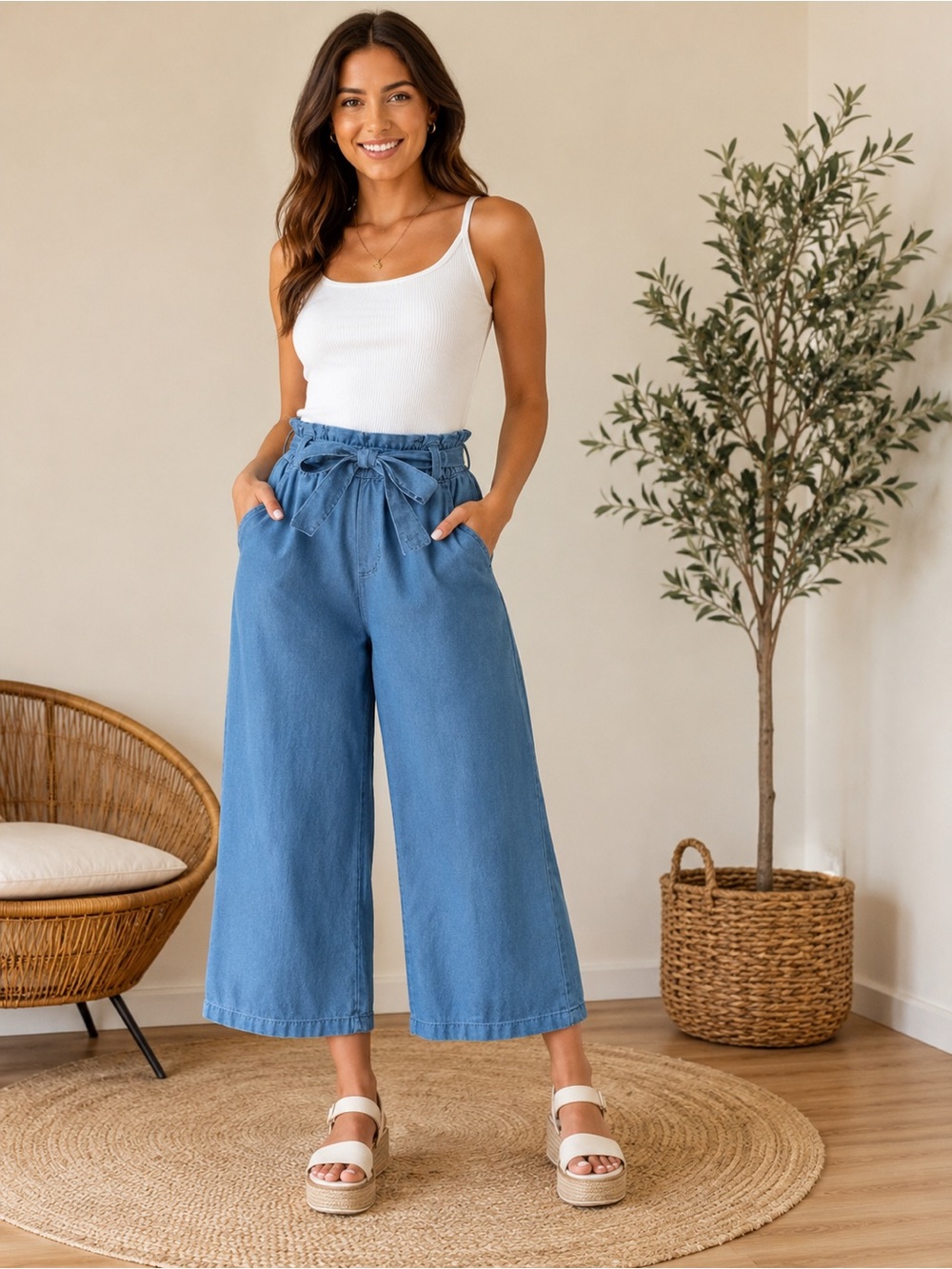 Love Tree Slate Blue Wide-Leg Paperbag Waist crop Pants